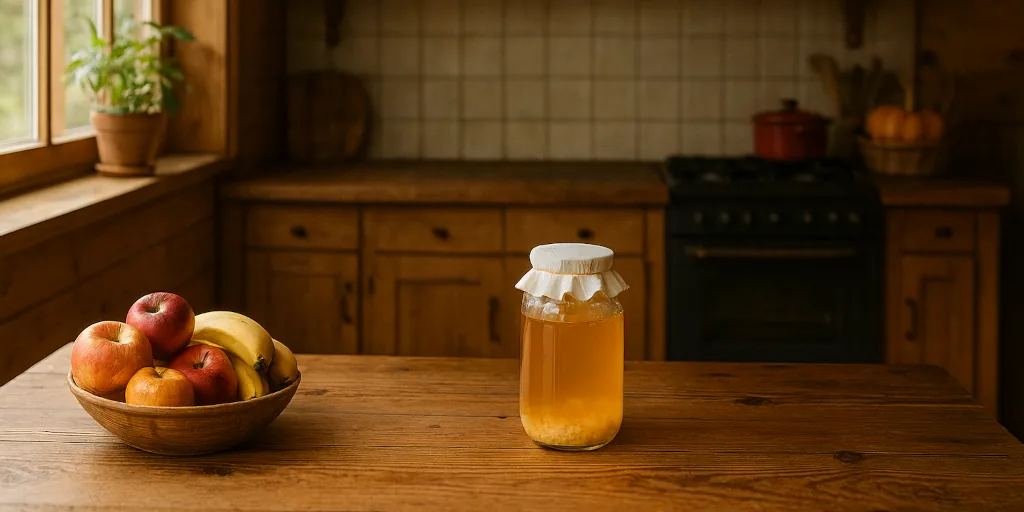 Vaso de kéfir de agua con nódulos visibles durante la fermentación